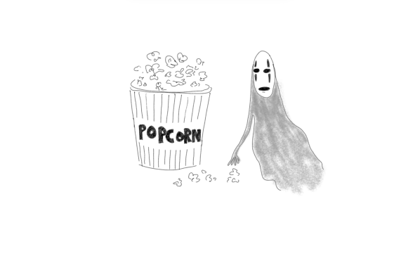 Graphic of No Face (Spirited Away) with popcorn